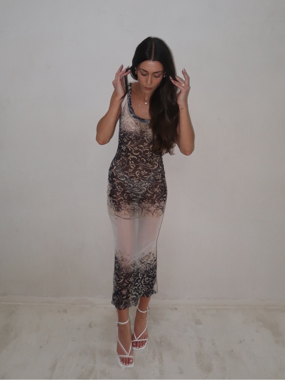 Vintage Jean Paul Gaultier Sheer Lace-Effect Slip Dress in Black and Cream